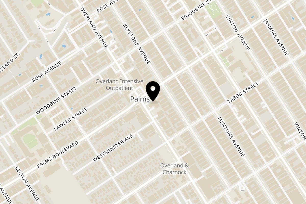 Map showing the location of Lenzini's Pizza on 3500 Overland Ave #120 in Los Angeles